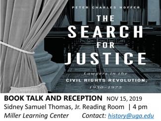 flyer for book release reception for Peter Hoffer's book, "The Search for Justice"