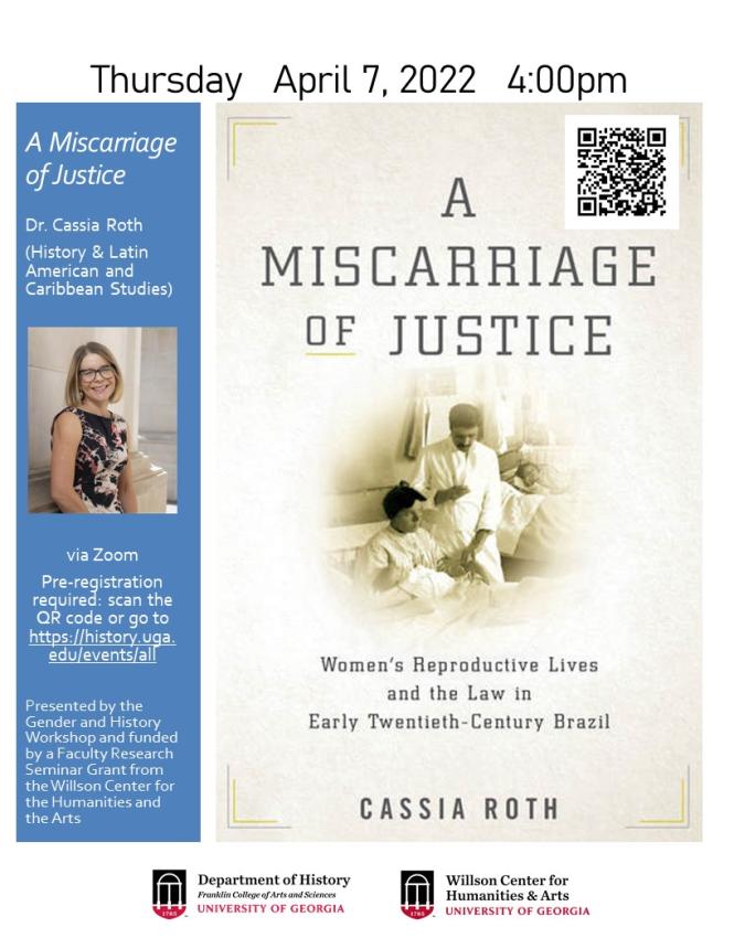flier for book talk - A Miscarriage of Justice, with Cassia Roth