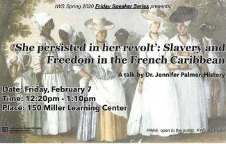 flyer for talk by Jennifer Palmer, featuring old color image of women in the French Carribean