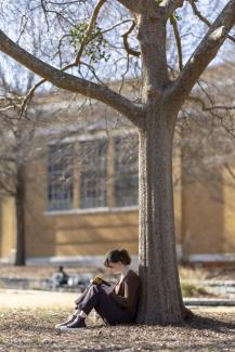 photo by UGA Marketing & Communications of undergradaute reading on North Campus outside