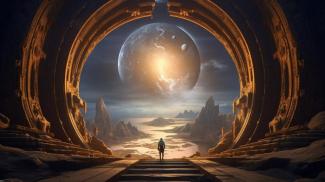 image of person under alien planetary object (illus)