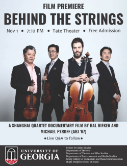 film docuentary poster for "Behind the Strings" film, with photo of quartet of musicians