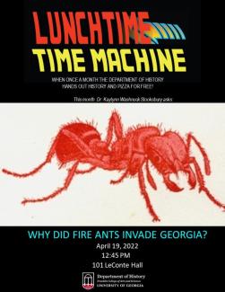 Event flyer with large red image of a fire ant