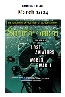 Smithsonian Magazine March cover with undersea picture spotlighting history article, Recovering the Lost Aviators of World War II