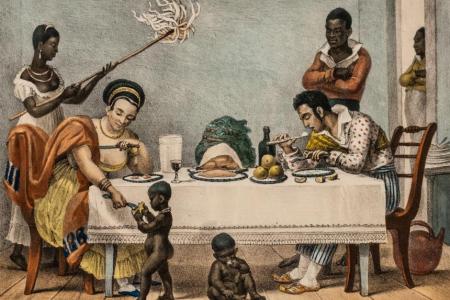 photo of old picture of how colonial home life was imagined with slaves