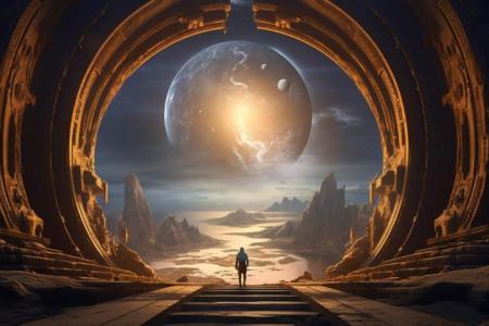 image of person under alien planetary object (illus)