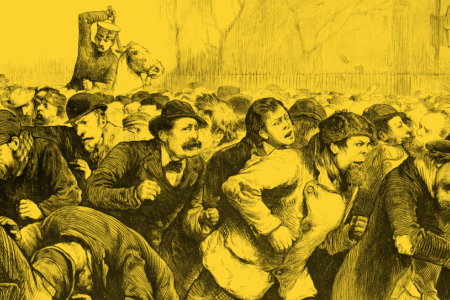 colorized illustration of the Tompkins Square Park riot in New York City in 1874, fromthe article