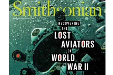 Smithsonian Magazine March cover with undersea picture spotlighting history article, Recovering the Lost Aviators of World War II